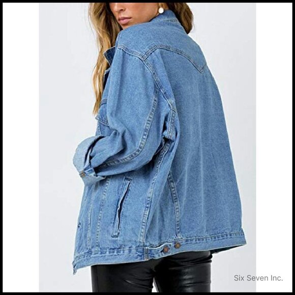 Oversized Denim Jacket Vintage Boyfriend Fit Y2K Chic Long Sleeve Coat - Picture 4 of 8